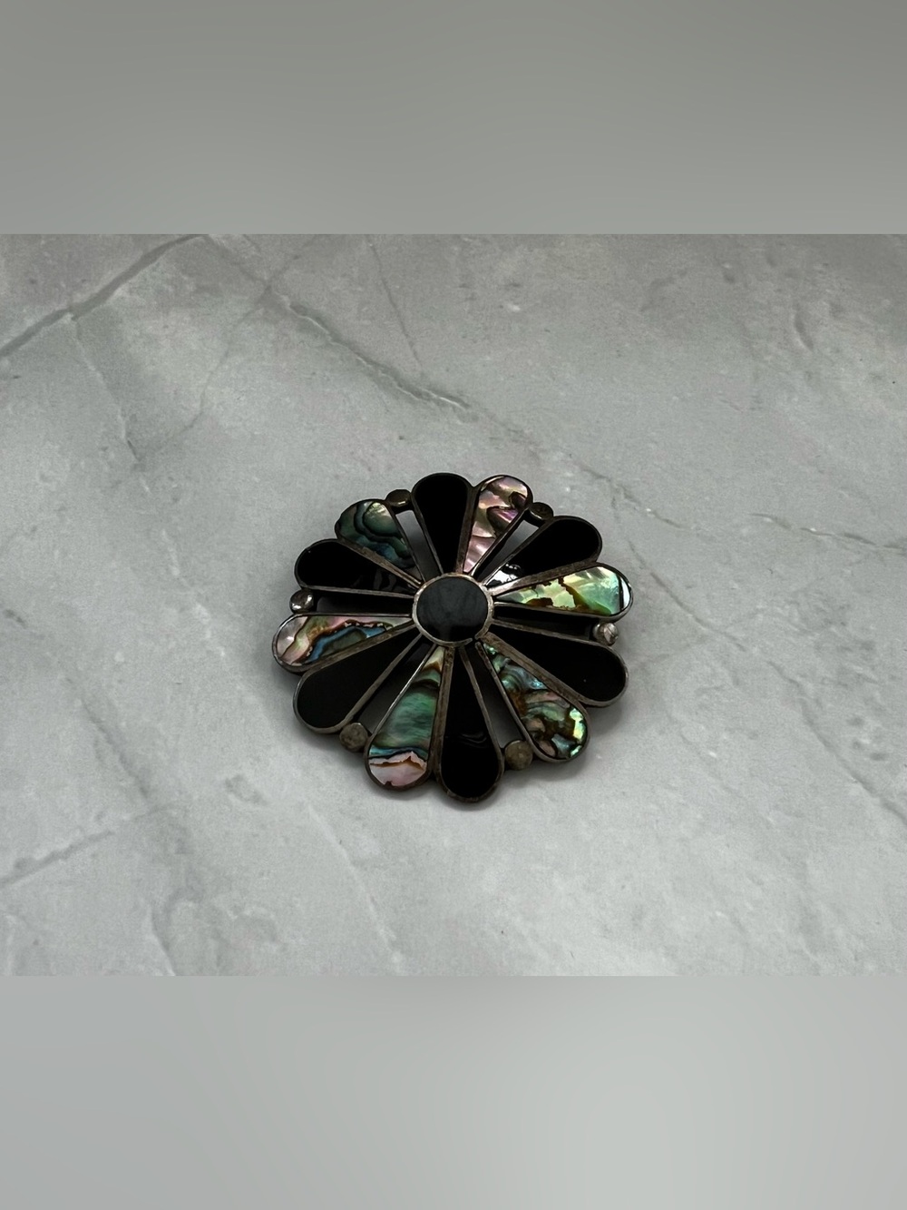 VTG Sterling Silver Mexico Handmade Floral Abalone Brooch Pin Pendant